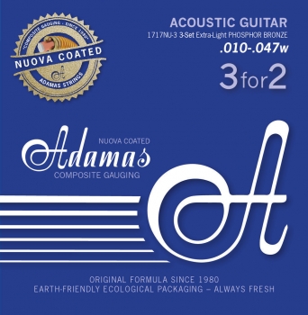 Adamas Acoustic Guitar String 3-Sets, Nuova phosphor bronze coated, Ex-Light 10-47